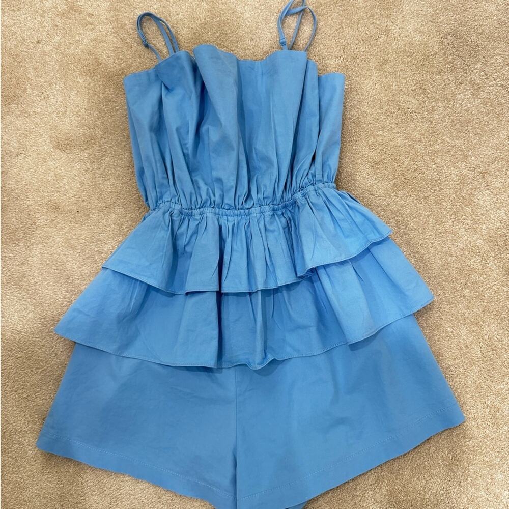 Social House Sky Blue Tiered Ruffle Romper with Spaghetti Straps, size S
